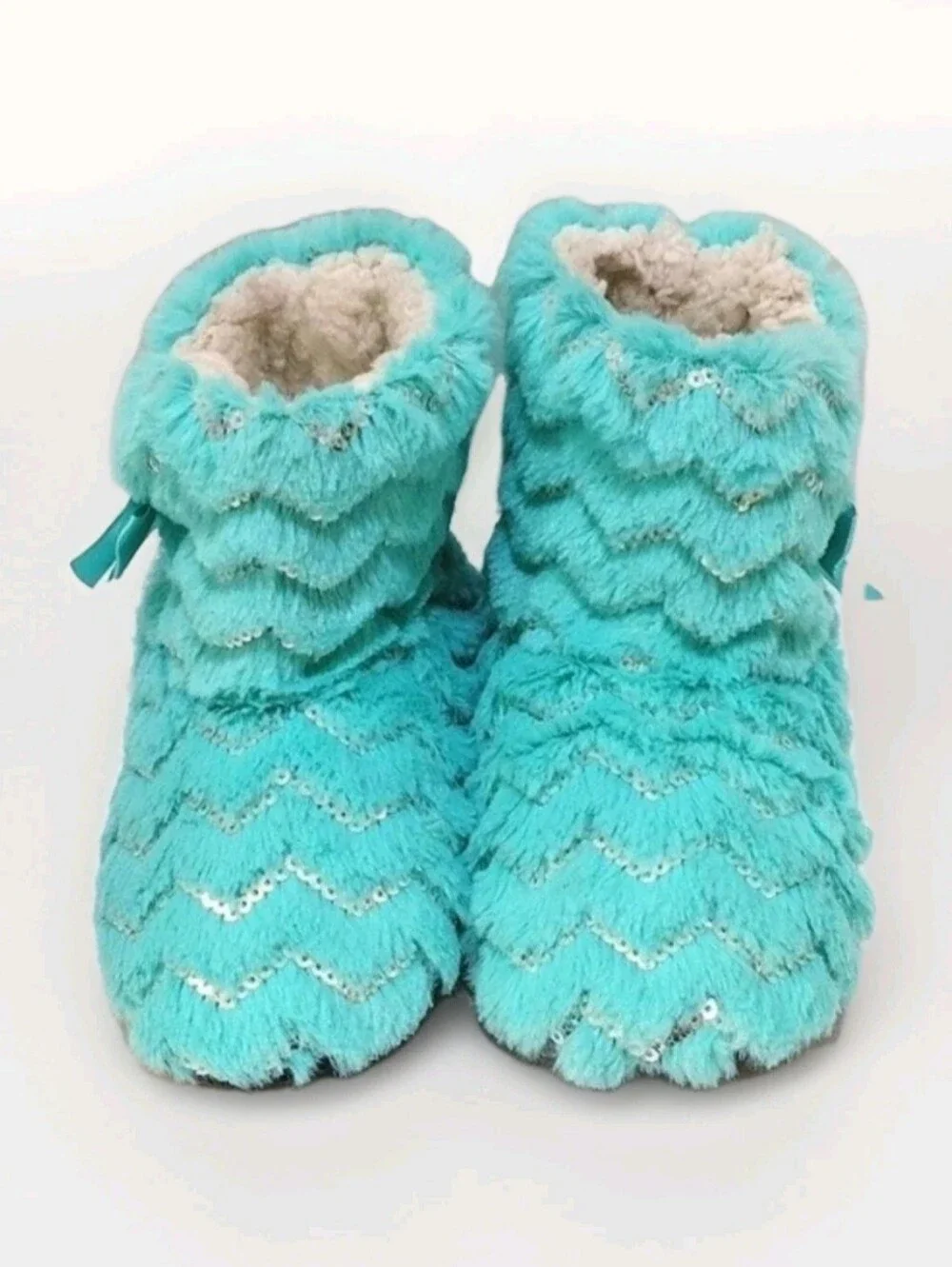 Total Girl Plush Faux Fur Slipper Boots Aqua Chevron Sequin House Shoes S/M